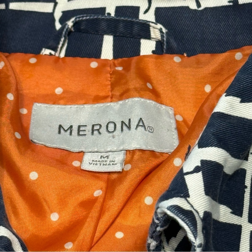 Merona Navy and White Geometric Jacket Orange Lining and Belt Women’s Medium - Picture 2 of 8